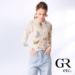 【GLORY21】網路獨賣款-etc.透膚蝴蝶圖騰側抽繩長袖上衣(米白色)