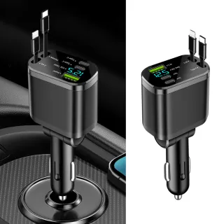 M4 多功能數顯車用充電器 PD30W+100W快充 5孔車載充電器 雙Type-C車充(TYPE-C+Lighting 伸縮線)