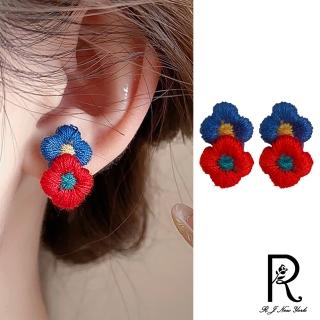 【RJ New York】復古紅藍撞色刺繡風花漾耳環(紅藍色)