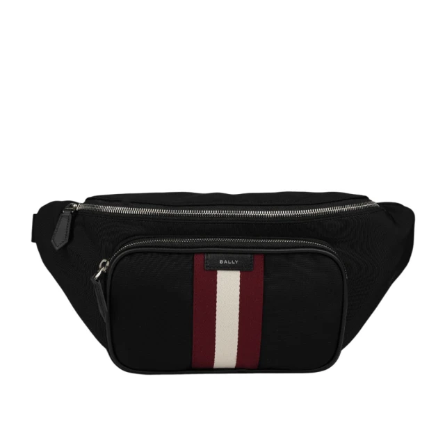 【BALLY】Code 經典紅白條紋尼龍腰包(黑色)