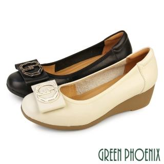 【GREEN PHOENIX 波兒德】女 跟鞋 包鞋 娃娃鞋 楔型 厚底 全真皮 蝴蝶結 OL 通勤(米色、黑色)