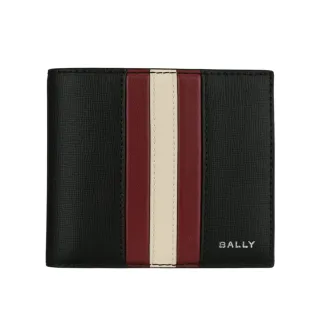 【BALLY】Mythos 紅白條紋再生牛皮對開8卡短夾(黑色)
