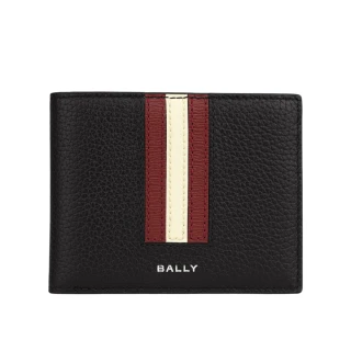 【BALLY】Ribbon 紅白條紋牛皮對開證件照短夾(黑色)