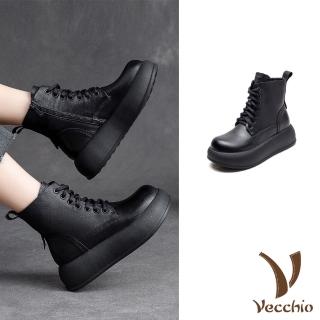 【Vecchio】真皮馬丁靴 厚底馬丁靴/真皮頭層牛皮輕量厚底繫帶馬丁靴(黑)