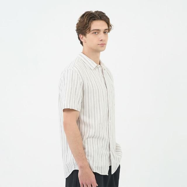 【GIORDANO 佐丹奴】男裝條紋短袖襯衫 Natural Linen系列(74 灰X白)