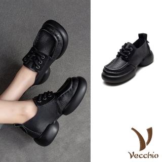 【Vecchio】真皮休閒鞋 繫帶休閒鞋/全真皮頭層牛皮異材質拼接繫帶經典休閒鞋(黑)