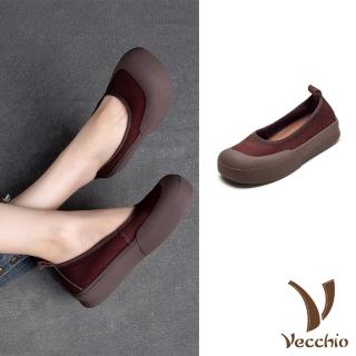 【Vecchio】真皮單鞋 厚底單鞋/全真皮頭層牛皮小圓頭餅乾厚底單鞋(咖)