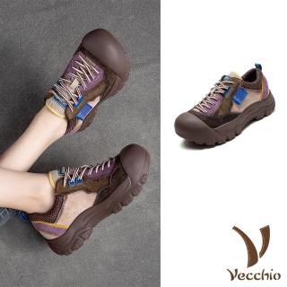 【Vecchio】真皮運動鞋 厚底運動鞋/真皮頭層豚皮撞色磨砂皮革拼接大圓頭厚底運動鞋(棕)