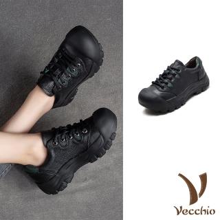 【Vecchio】真皮運動鞋 厚底運動鞋/全真皮頭層牛皮潮流大圓頭復古設計厚底運動鞋(黑)