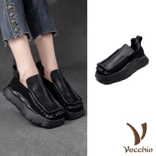 【Vecchio】真皮樂福鞋 厚底樂福鞋/全真皮頭層牛皮復古立體方頭厚底樂福鞋(黑)