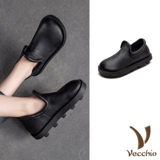 【Vecchio】真皮樂福鞋 平底樂福鞋/全真皮頭層牛皮立體滾邊鞋口平底樂福鞋(黑)