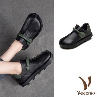 【Vecchio】真皮樂福鞋 平底樂福鞋/全真皮頭層牛皮撞色一字包根飾帶平底樂福鞋(黑)