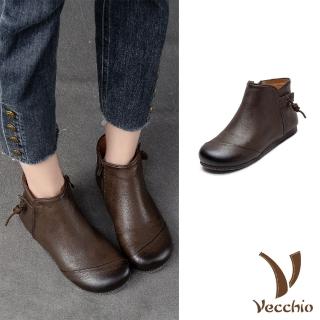 【Vecchio】真皮短靴 平底短靴/全真皮頭層牛皮復古繩飾舒適平底短靴(咖)