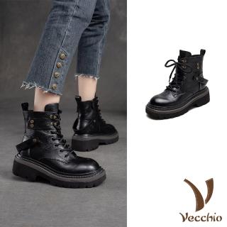 【Vecchio】真皮馬丁靴 牛皮馬丁靴/全真皮頭層牛皮帥氣釦帶經典個性馬丁靴(黑)