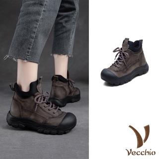 【Vecchio】真皮休閒鞋 厚底休閒鞋/真皮頭層豚皮護趾百搭復古拼接高筒厚底休閒鞋(灰)