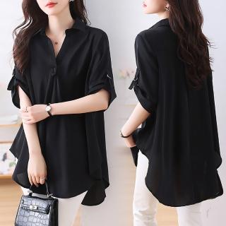 【麗質達人】6824黑色V領長版上衣-LY(L-5XL)