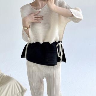 【巴黎精品】現貨+預購 三宅風皺褶衣服褶皺上衣高階摺衣彈力女裝顯瘦折衣大碼(七分袖拼色T恤3色a1jb30)
