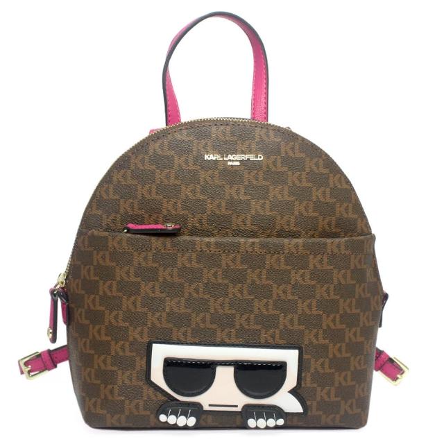 【KARL LAGERFELD 卡爾】Q版老佛爺滿版KL前拉鍊袋防刮皮革後背包(深咖)