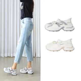 【HIKOREA】韓國空運。拼接運動款網布5.5CM厚底 涼拖鞋 包鞋 /版型偏小(71-3585/現貨)