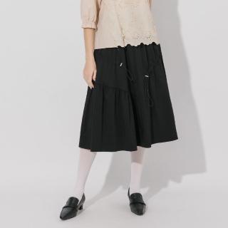 【YUTZUYA 優姿雅】寬鬆垂墜感鬆緊腰抽褶傘襬裙(中長裙/半身裙/純色/抽繩/腰頭鬆緊)