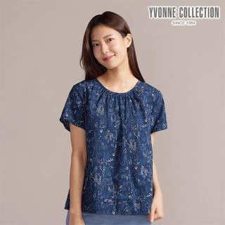 【YVONNE 以旺傢飾】動物叢林印花細褶短袖上衣-深丈青