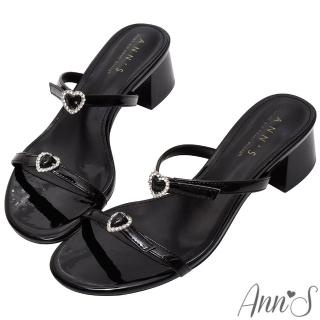 【Ann’S】公主的日常夏季-雙帶愛心鑽石粗跟涼拖鞋4cm(黑)