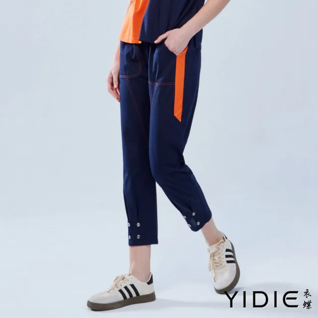 【YIDIE】出清品 字母花卉網眼八分褲套裝-寶藍(上下身分開販售)