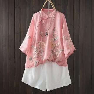 【ACheter】復古刺繡棉麻文藝新中式立領斜襟盤扣七分袖氣質短版上衣#124671(粉/杏/綠)