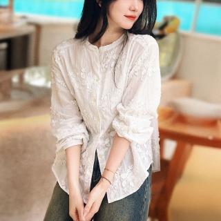 【MsMore】米白刺繡法式燈籠長袖甜美棉襯衫外罩短版上衣#124659(米白)