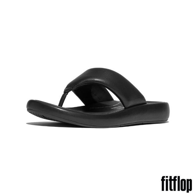 【FitFlop】iQUSHION D-LUXE 軟墊皮革夾腳涼鞋-女(靚黑色)