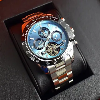 【men life】機械錶 水藍三眼不鏽鋼錶(男錶)