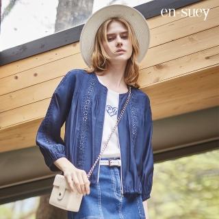 【en-suey 銀穗】蕾絲繡花剪接下擺縮口外套-女