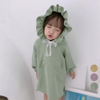 【橘魔法】荷葉花邊連帽長版衛衣(長袖上衣 衛衣 帽T 連帽上衣 長版上衣 女童 童裝 兒童)