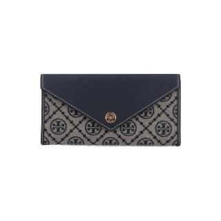 【TORY BURCH】春夏新款 T-MONOGRAM 緹花按扣長夾(海軍藍色)