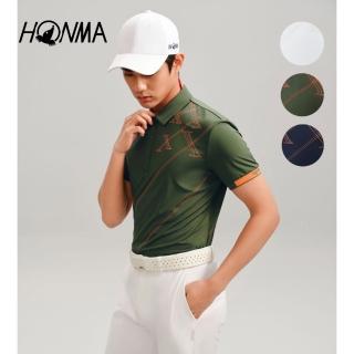 【HONMA 本間高爾夫】男款防曬印條短袖POLO衫 日本高爾夫專業品牌(M-XXL 藏青 軍綠 白色任選HMKX707R813)
