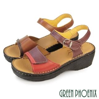 【GREEN PHOENIX 波兒德】女 厚底涼鞋 楔型涼鞋 真皮 小坡跟 吸震減壓 全真皮 牛皮 臺灣製(紫色、棕色)