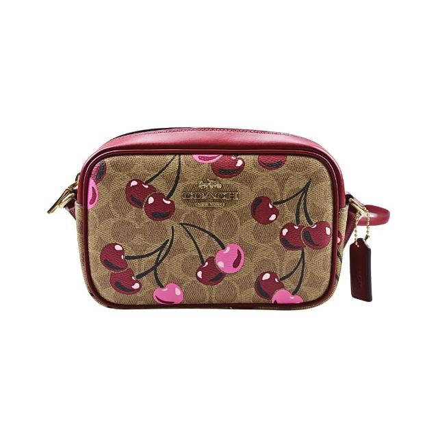 【COACH】C Logo酒紅邊真皮金字飾牌斜背相機包(雙色櫻桃印花棕色/小款)