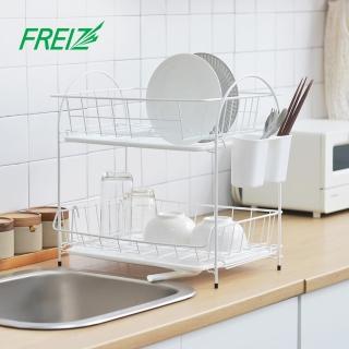 【FREIZ】Blance 寬型雙層碗盤餐具瀝水架-附筷筒(導流瀝水架/碗碟收納架/杯架/餐具架/瀝水置物架)