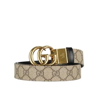 【GUCCI 古馳】金色GG Logo 帆布及皮革雙面可用皮帶 寬3CM(米色/黑色)