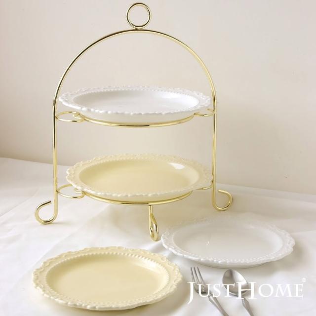 【Just Home】浪漫浮雕陶瓷午茶5件組-雙層蛋糕盤組附架+點心盤(蛋糕盤 點心盤 午茶 送禮 可微波)