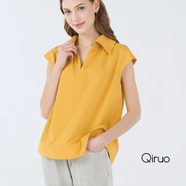【Qiruo 奇若名品】棉麻質感 有領襯衫 V領亮黃小包袖 短版上衣7034A