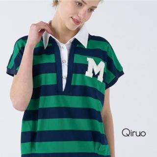 【Qiruo 奇若名品】春夏專櫃綠藍線條短袖上衣7029A 有領設計(M-2XL)