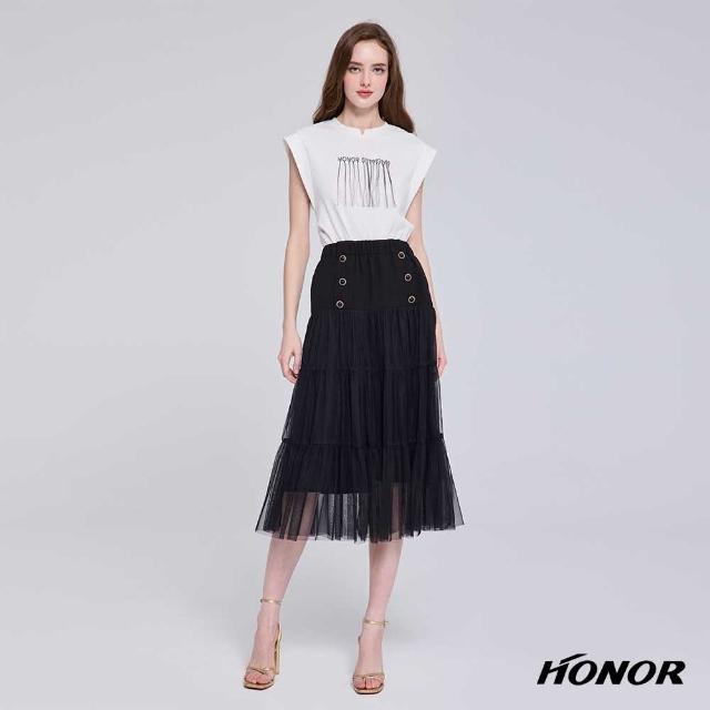 【HONOR 山形屋】浪漫金釦裝飾層次網紗中長裙-黑