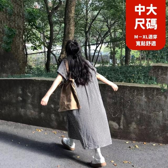 【JILLI-KO】日系復古圓領寬鬆格紋連衣裙-F(黑)