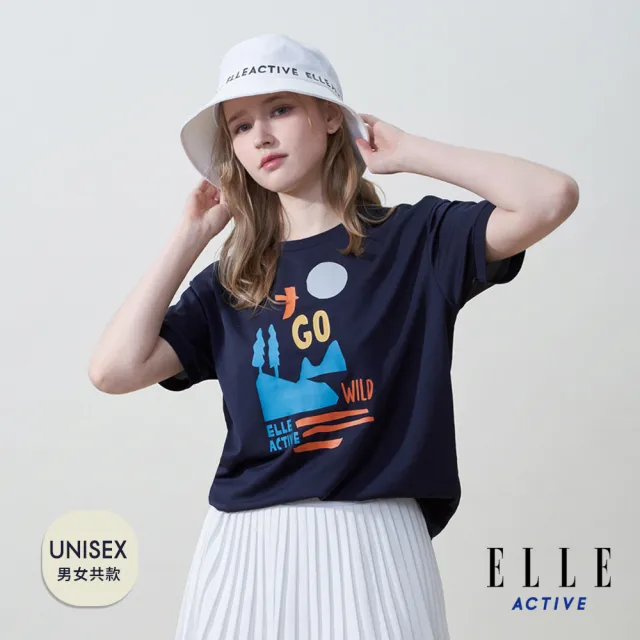 【ELLE ACTIVE】女款 寬鬆版印花圓領短袖T恤-深藍色(EA25S2F1603-39)