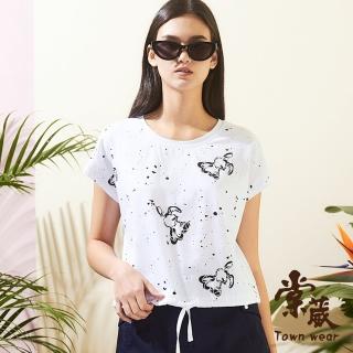 【TOWN’WEAR 棠葳】潑墨兔兔印花抽繩T恤(女上衣/女上著/短袖/棉質/印花/鑽飾/休閒/滿版)