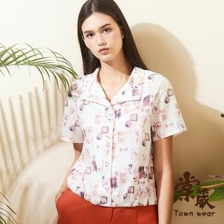 【TOWN’WEAR 棠葳】純棉狗狗印花短版襯衫(中大尺碼/女上衣/女上著/短袖/翻領/棉質/印圖/滿版/休閒/透膚)