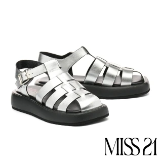 【MISS 21】Y3K少女金屬牛皮魚骨編織大頭漁夫厚底涼鞋(銀)