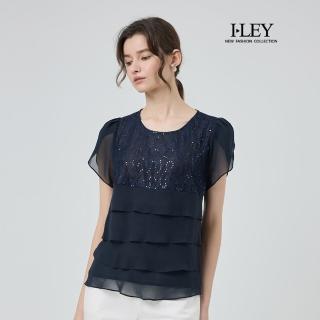 【ILEY 伊蕾】蕾絲亮片層次雪紡上衣(深藍；M-2L；1252251801)