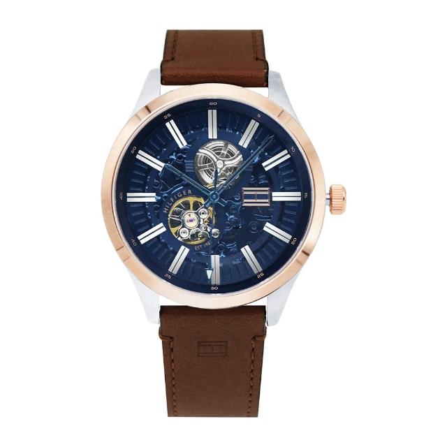 【Tommy Hilfiger】玫瑰金+銀框 海軍藍面 棕色皮革錶帶 自動上鍊機械腕錶 44mm 手錶(1791642)